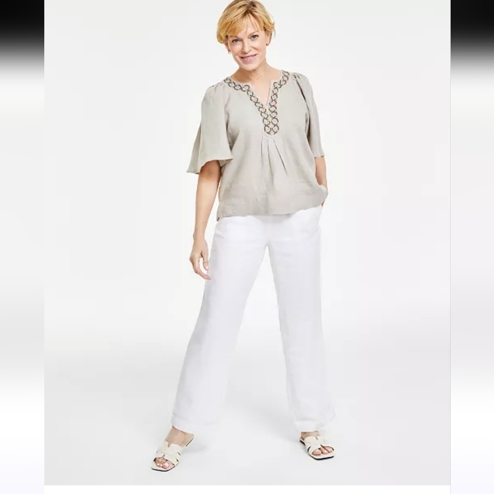 Charter Club Linen Embellished Split Neck Blouse Gray Size M Casual